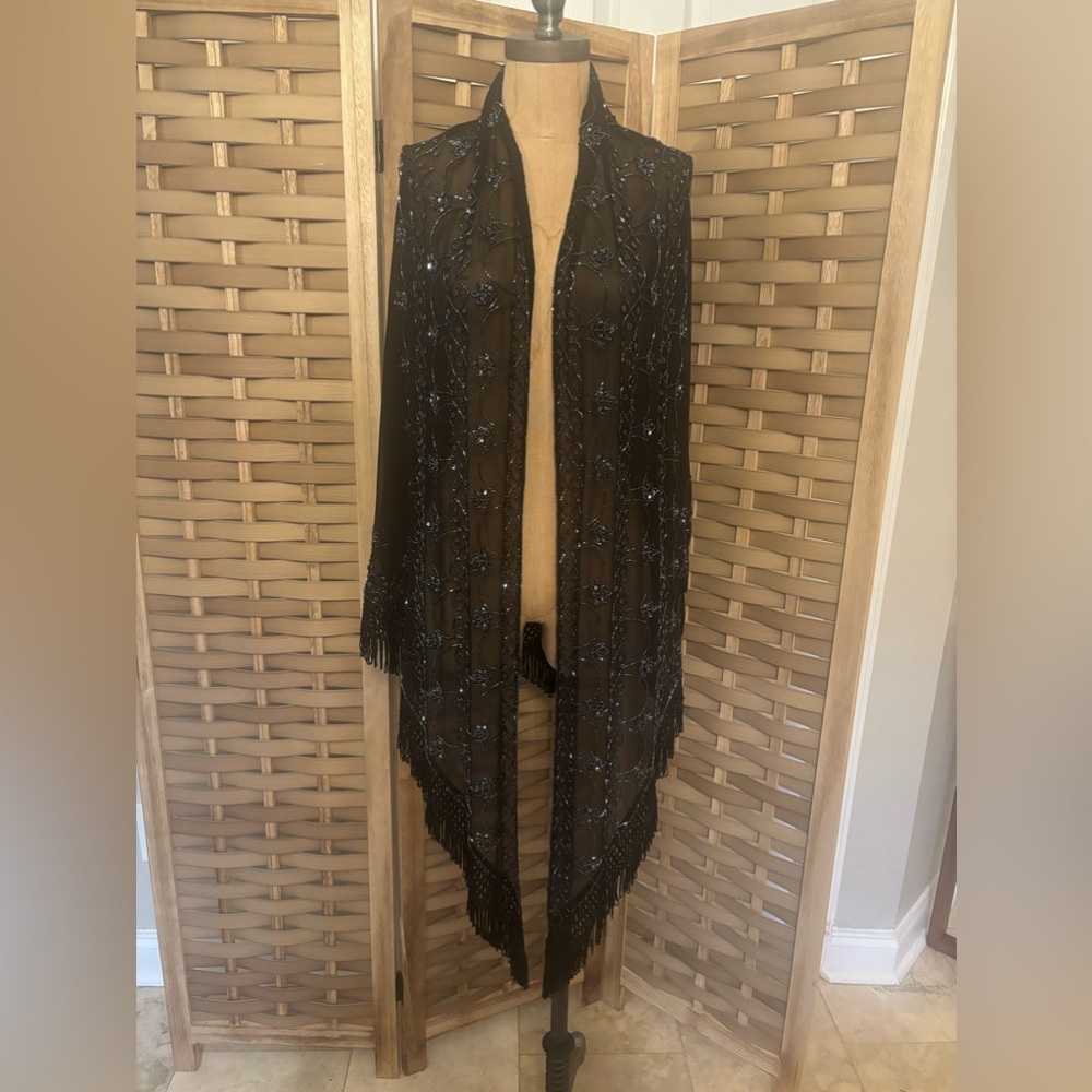 Jenny Lewis Womens poncho Vintage Rare Beaded Silk Open